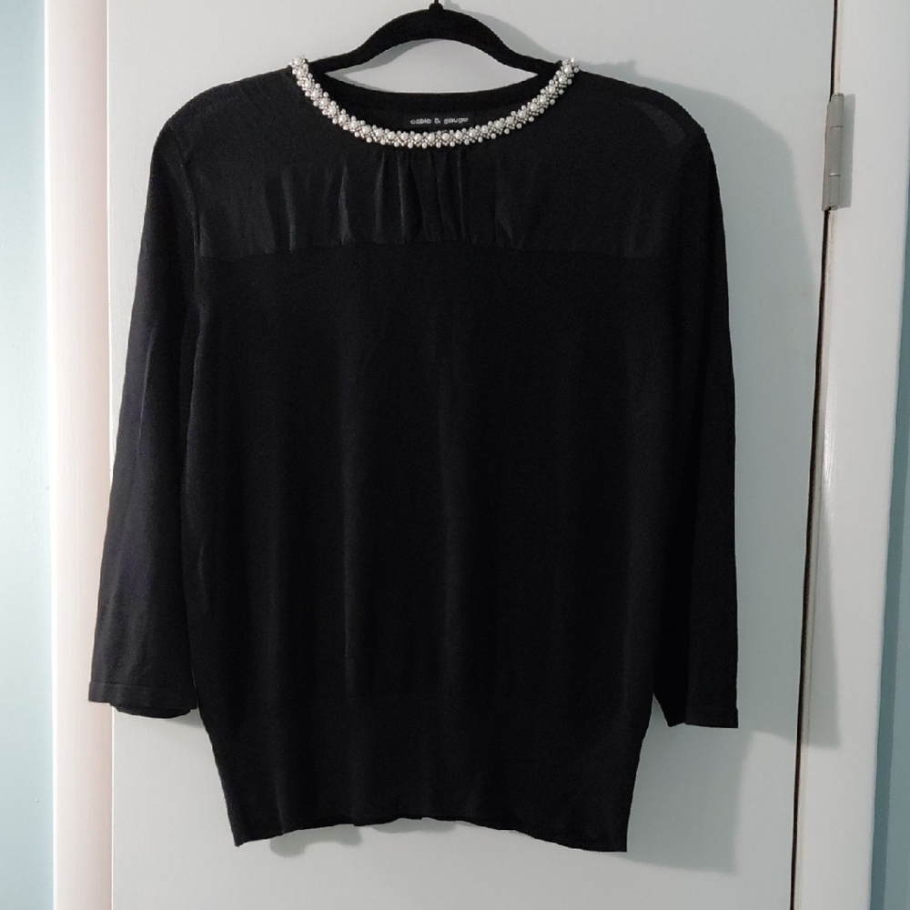 Cable & Gauge Black Jeweled Neck Long-Sleeve Top